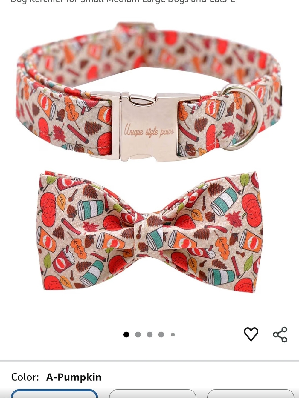 Pumpkin Pattern Large Pet Collar with Bow Tie - Orange & Cream